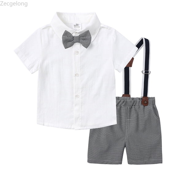 Zecgelong Toddler Kids Baby Boy Outfit Bowtie Dress Shirt Suspenders Shorts Summer Wedding Party Formal Suits Boys Dressy Short Sleeve Sets for Boys 2-3 Years