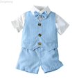 thumbnail image 1 of Zecgelong Toddler Kids Baby Boys T Shirt Plaid Bow Striped Tie Outfit Gentleman Suits Shirt Vest + Shorts Outfits Set Boys Dressy Short Sleeve Sets for Boys 6-9 Months, 1 of 5