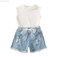 thumbnail image 1 of Zecgelong Toddler Kids Baby Girl Sleeveless Vest Ribbed T Shirt Tops Denim Ripped Jeans Shorts 2pcs Set Summer Outfits Girls 3 Piece Sets Age 18-24 Months, 1 of 5