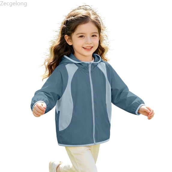Zecgelong UPF 50+ Sun Hooded Jacket For Boys Lightweight Breathable Outdoor Windbreaker With Zipper Pockets