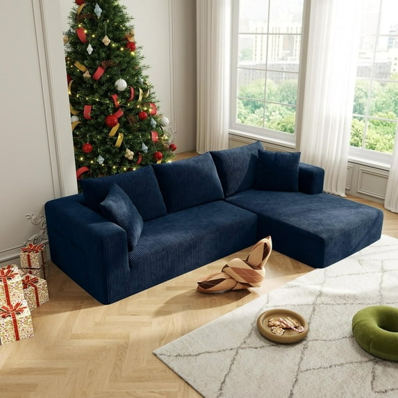 Onbeam 105'' Sectional Sofa, Cloud Couch with L-Shape Chaise, Modern Modular Couches with Deep Seat, No Assembly High-Density Sponge Corduroy Fabric Sofa with 5 Pillows for Living Room, Blue