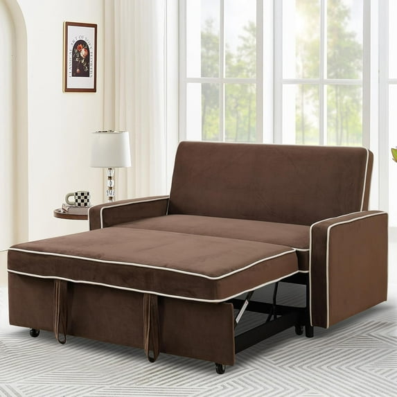 Onbeam 2 Seat Flannel Sleeper Sofa Bed,Pull Out Couch for Adult Living Room Bedroom-Brown