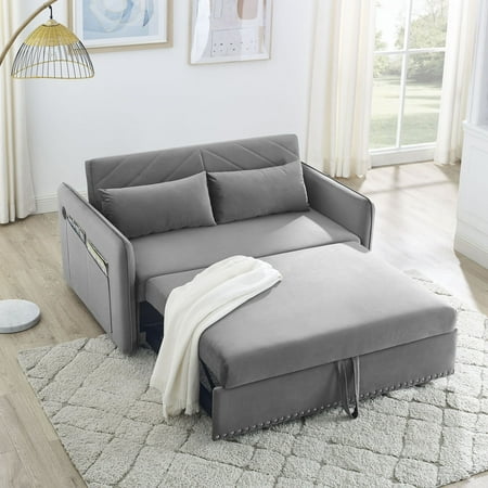 Onbeam 3 in 1 Sleeper Sofa Couch Bed with 2 USB Ports, 55" Velvet Convertible Loveseat with Pull Out Sofa Bed for Living Room-Grey