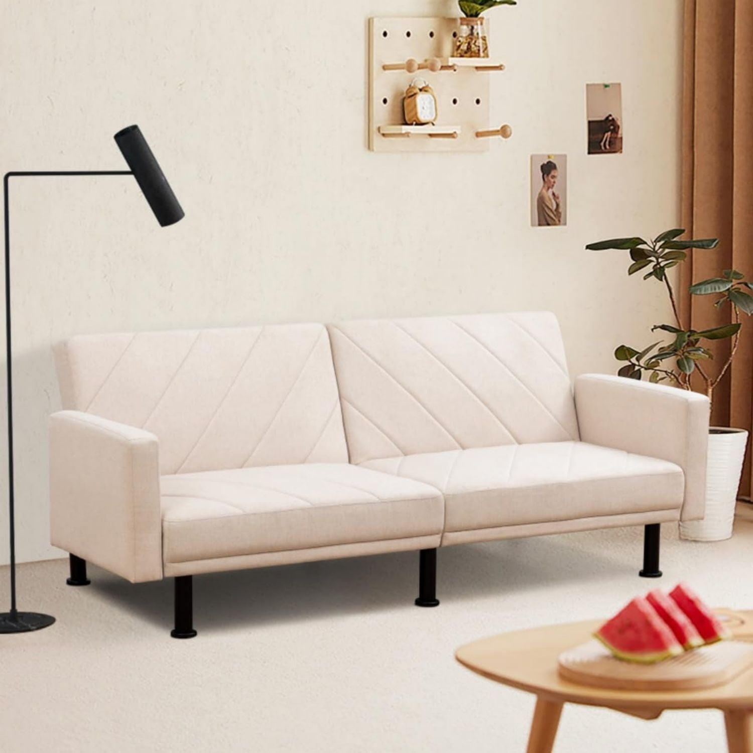 Beige Linen Tufted Queen Sleeper Sofa with Wood Frame