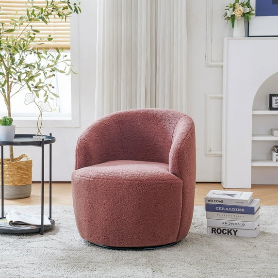 Onbeam Accent Chairs for Living Room and Bedroom - Swivel Barrel Chair and Reading Armchair with Teddy Fabric and Metal Base - Red