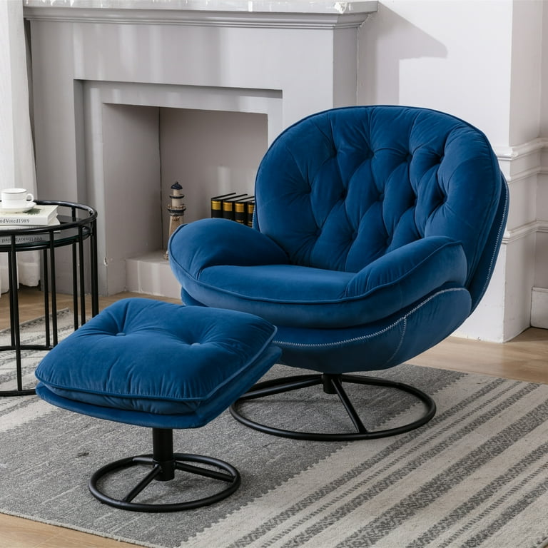 Zechuan Accent Swivel Chair with Ottoman for Living Room Velvet Reading Chairs Set Tufted Recliner Chairs with Swivel Base for Nursery Blue