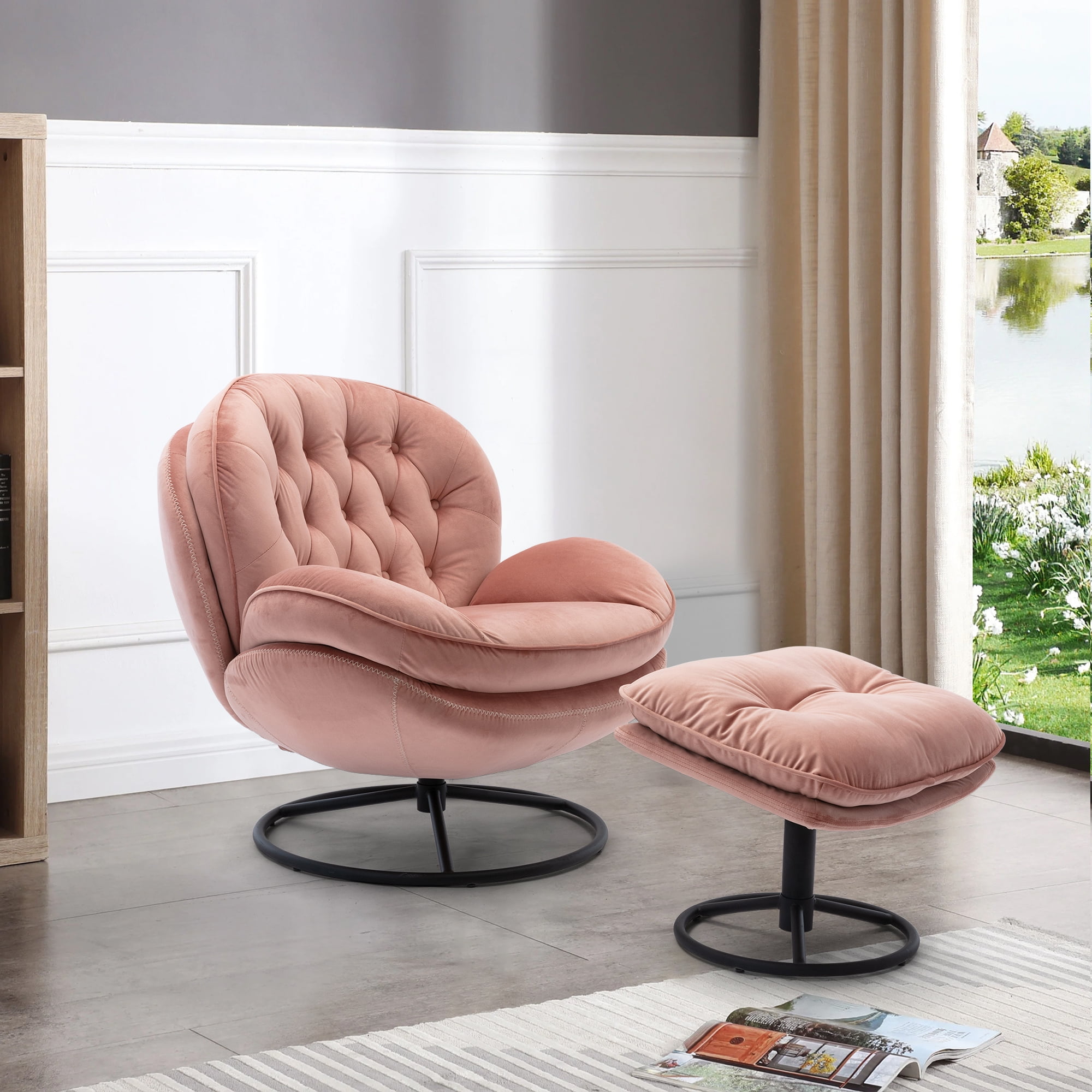 Pink Velvet Swivel Chair with Ottoman Tufted Kuwait Ubuy