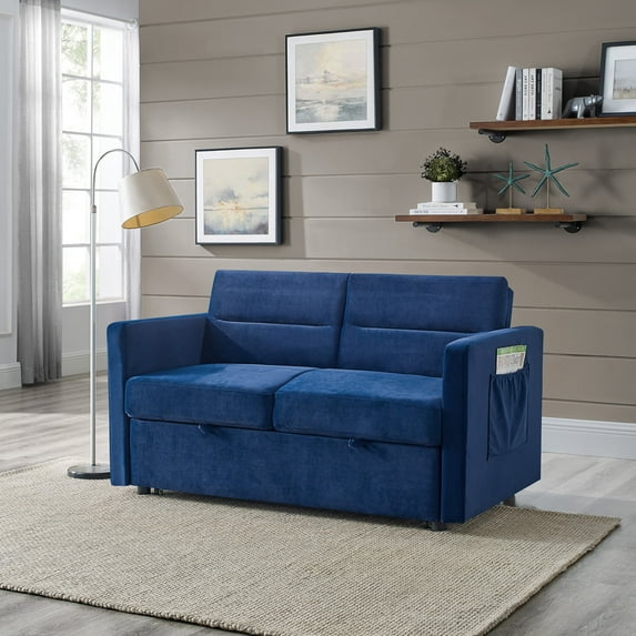Onbeam Futon Sofa Bed with Pull Out Convertible Bed Sleeper Sofa Couch Adjustable Back Loveseat for Living Room - Blue