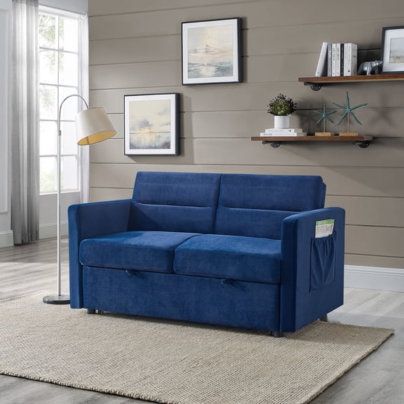 Onbeam Futon Sofa Bed with Pull Out Convertible Bed Sleeper Sofa Couch Adjustable Back Loveseat for Living Room - Blue