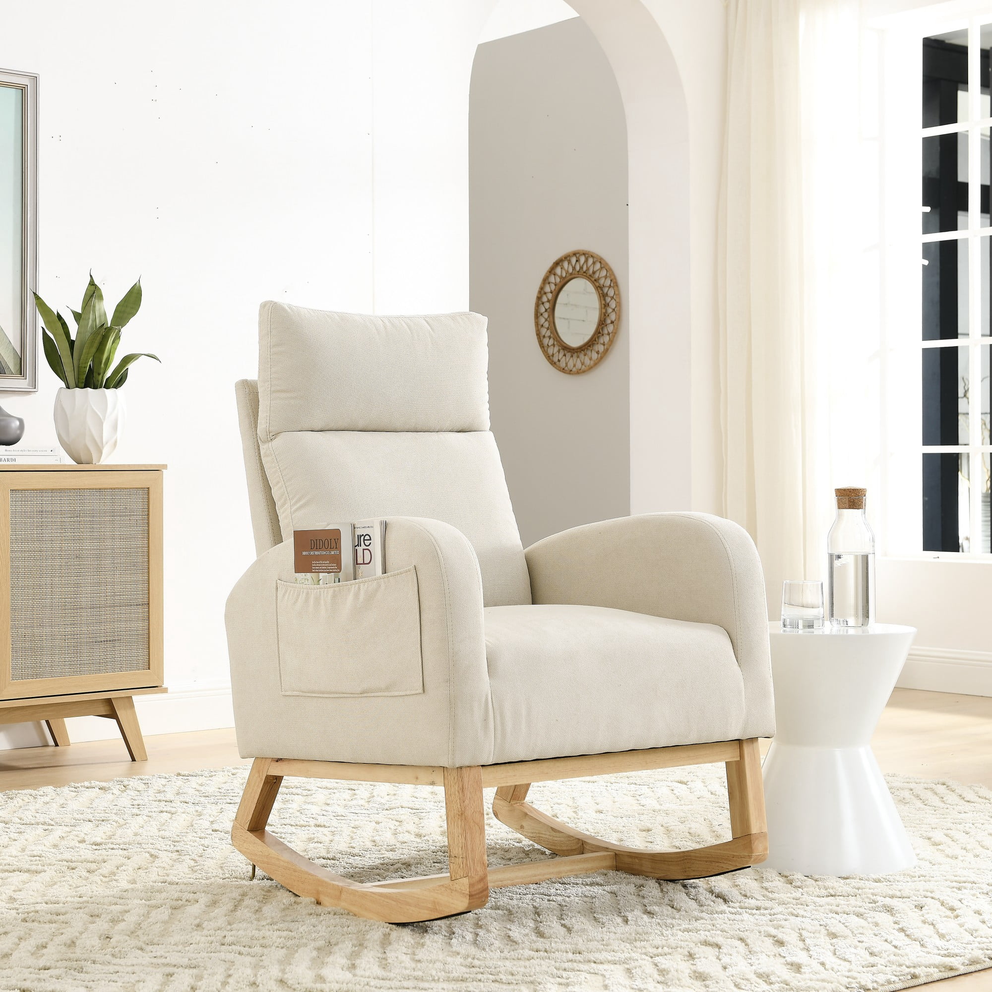 Onbeam Rocking Chair for Nursery, Living Room Lounge Armchair with Side Pockets, Beige Fabric