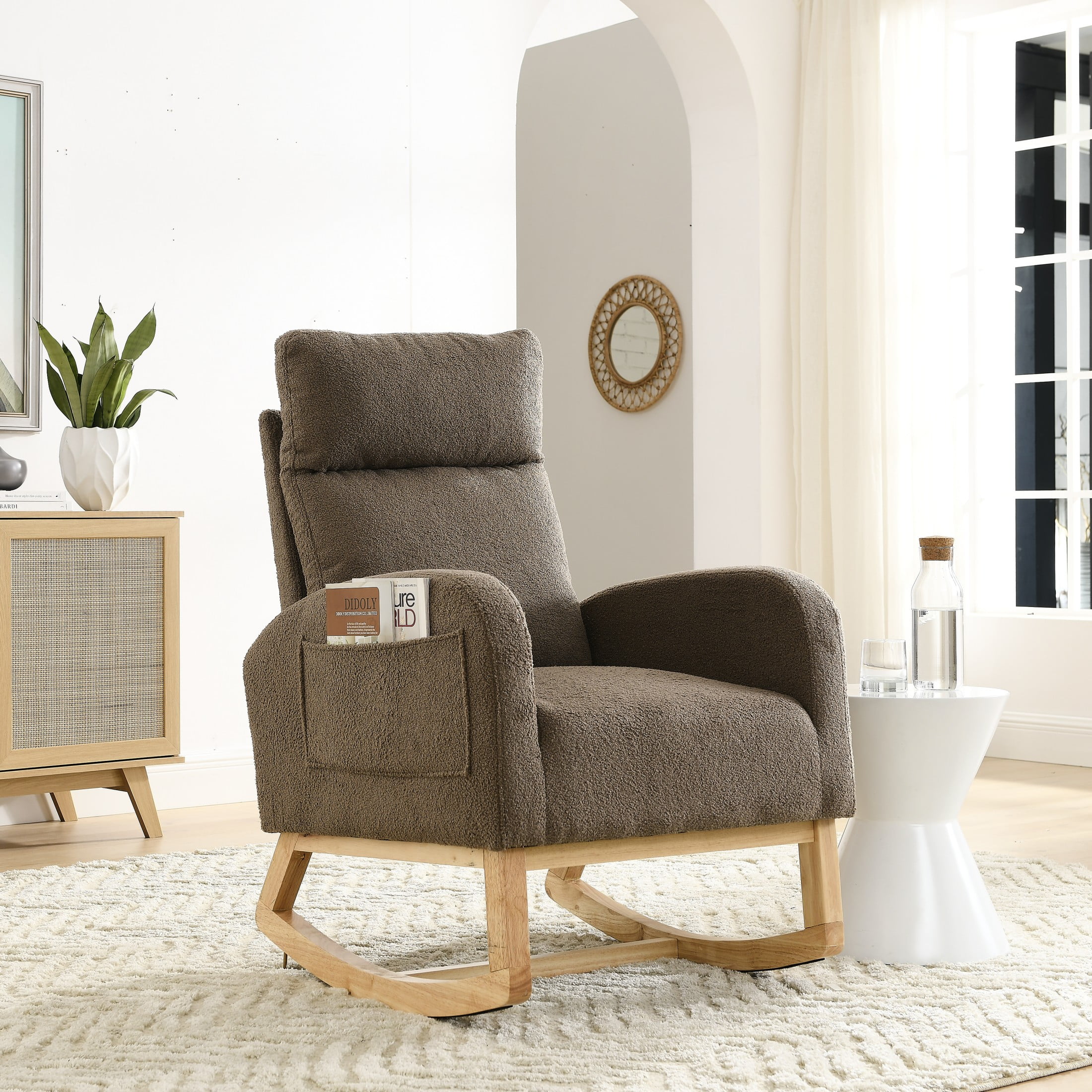Onbeam Rocking Chair for Nursery - Living Room Lounge Armchair with Side Pockets - Coffee Fabric