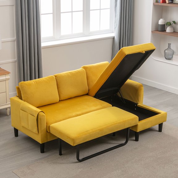 Onbeam Velvet Sectional Sofa with Left Chaise for Living Room, L Shaped Storage Sofa Couch with Pull-out Bed, Modern Corner Sofa Bed for Home and Office, Yellow