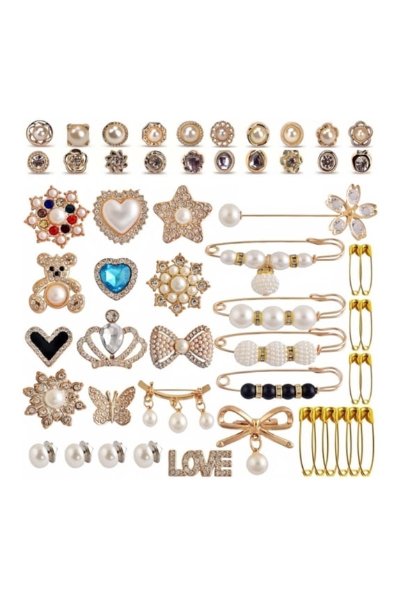 55Pcs Brooch Pins Artificial Pearls Rhinestones Safe Pins Charm for Sock Sweater Shawl Clip Pants Waist Tightener Pin