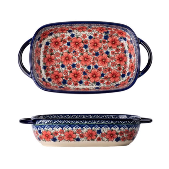Zecic Hand-painted Salad Plate Rice Bowl Retro Ceramic Bakeware Instant Noodle Bowl Binaural Baking Pan for Kitchen Tableware