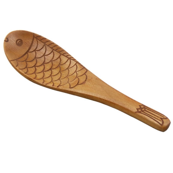 Zecic Japanese Style Fish Shaped Wood Spoon Hand Carved Texture Scoop Tableware