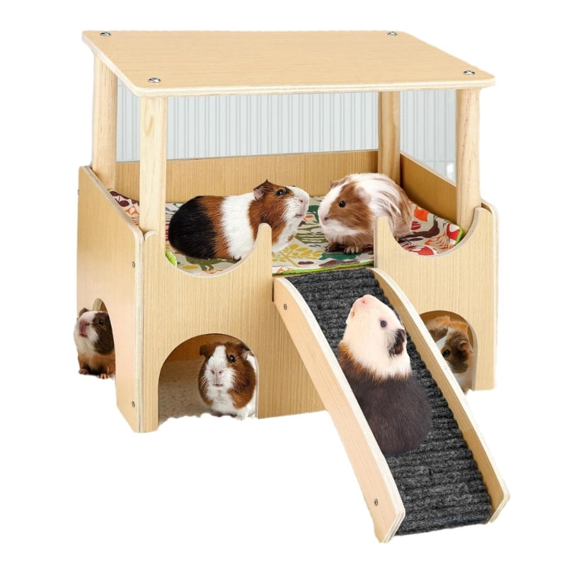 Zecic Ventilated Guinea Pigs Hideouts House Habitat Cage Playgrounds for Small Wood Rodents House 3 Entrance Hideaways With SlipProof Ramp 2 Decker Design