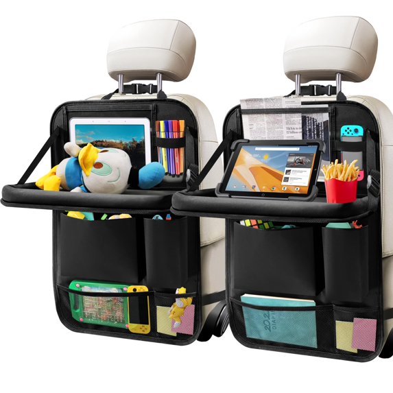Zecirl 2Pack Car Backseat Organizer with Foldable Table Tray,6 Storage Pockets Car Storage Organizer with Tablet Holder,Car Seat Back Protectors Kick Mats Travel Accessories (Black) C88
