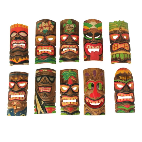 Zeckos 10 inch Multicolor Hand Carved Wood Tiki Mask Wall Decor Set of 10