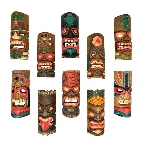 Zeckos 12 inch Wood Multicolor Tiki Mask Wall Hanging Art Set of 10 TM3DWT