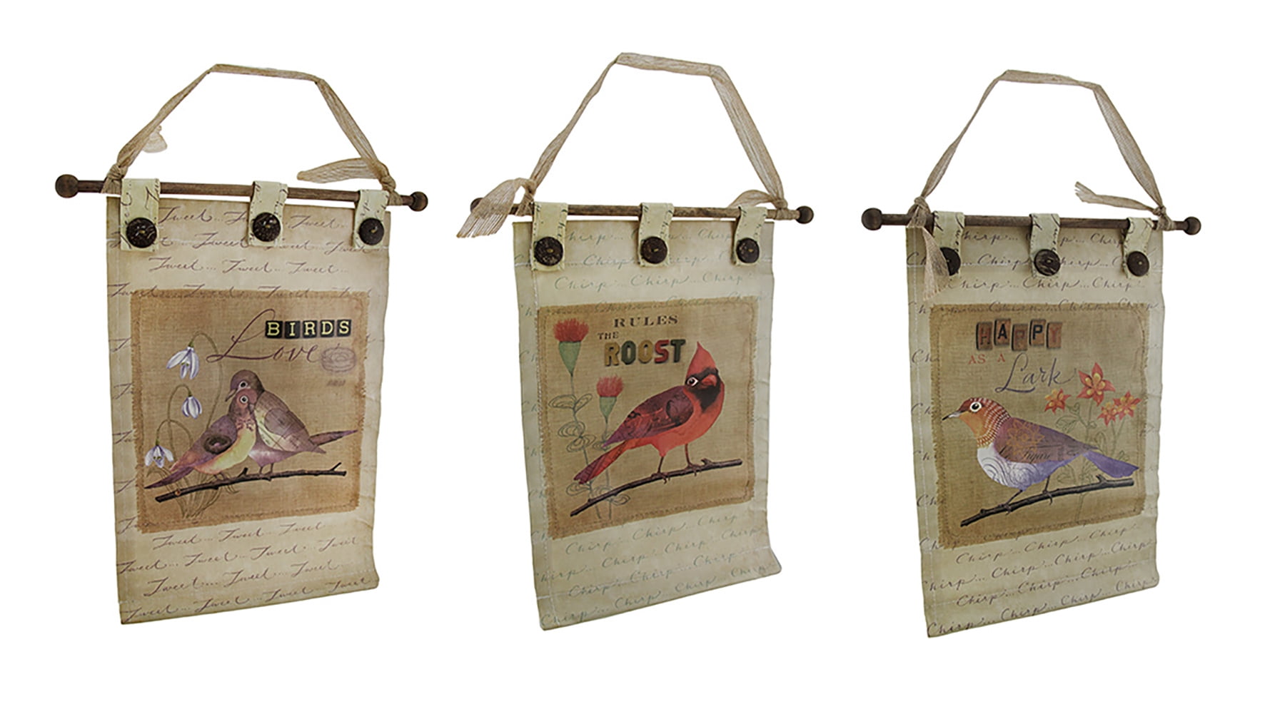 Botanical Birds Beige Canvas Wall Hanging Set with Buttons