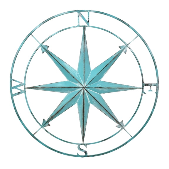 Zeckos 39 inch Aqua Metal Compass Rose Wall Decor Distressed Nautical Coastal Art - Aqua - Size 39 inch diameter