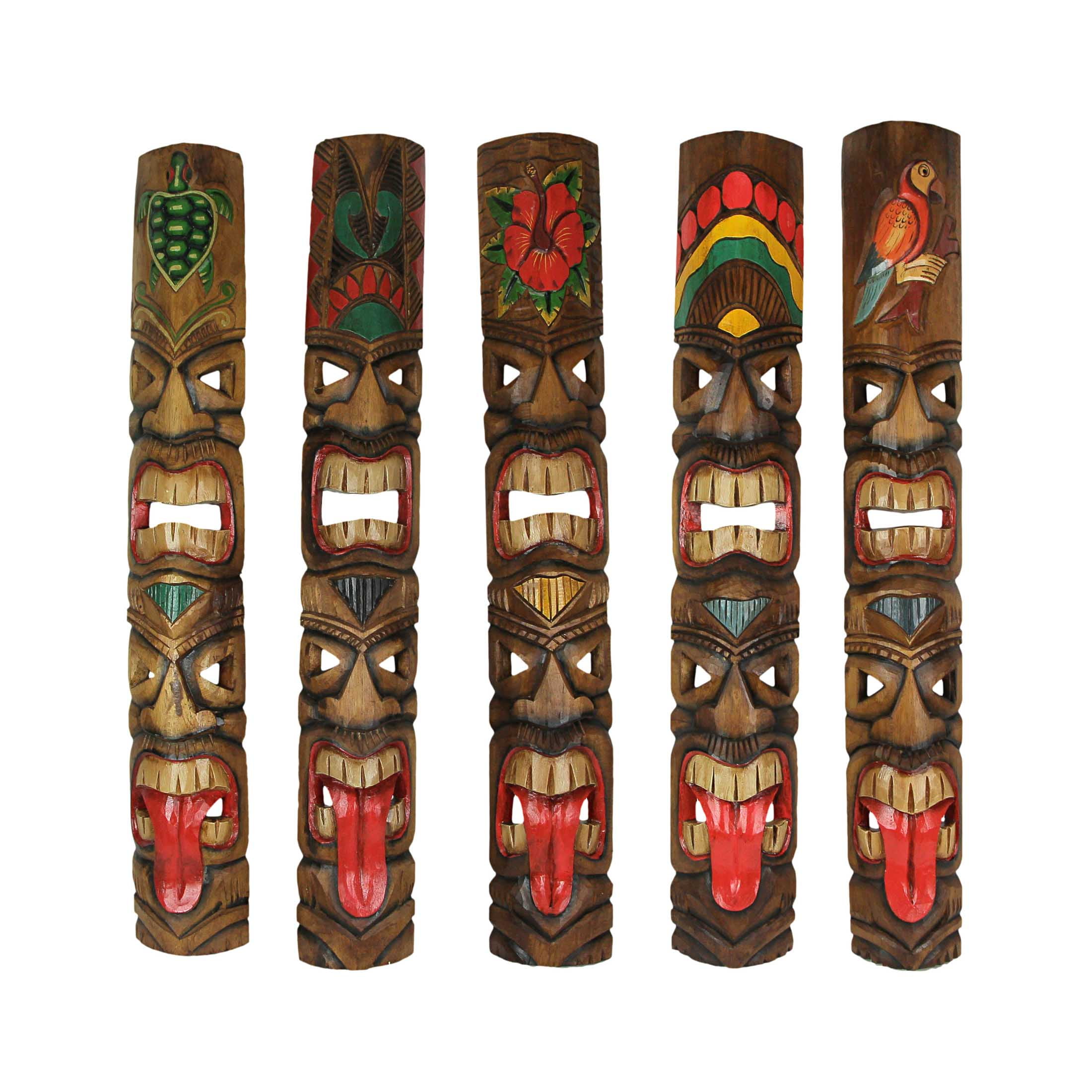 Hand-Carved Multicolor Wood Tiki Mask Totem Wall Sculptures, 40 Inches