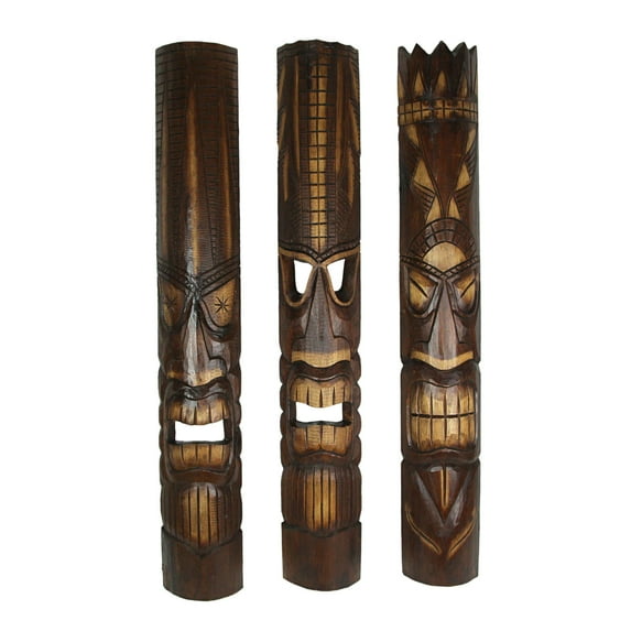 Zeckos 40 inch Hand Carved Wood Hawaiian God Tiki Mask Wall Decor Set of 3