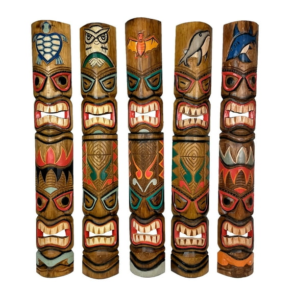 Zeckos 40 inch Multicolor Carved Wood Totem Tiki Mask Wall Decor Set of 5