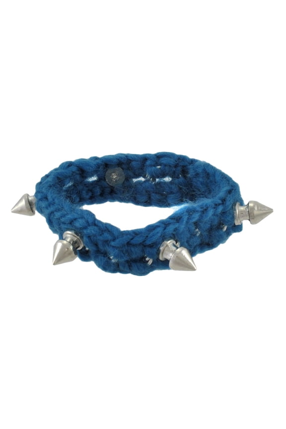 7 inch Knitted Yarn Bracelet W/ Chrome Spikes - Blue