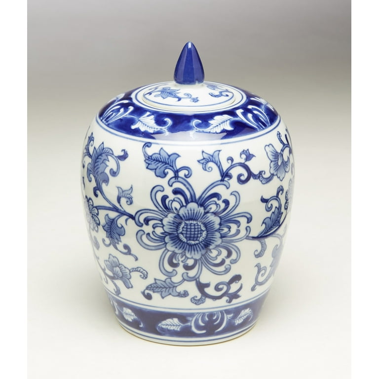 Zeckos AA Importing 59771 Blue And White Round Jar With Lid