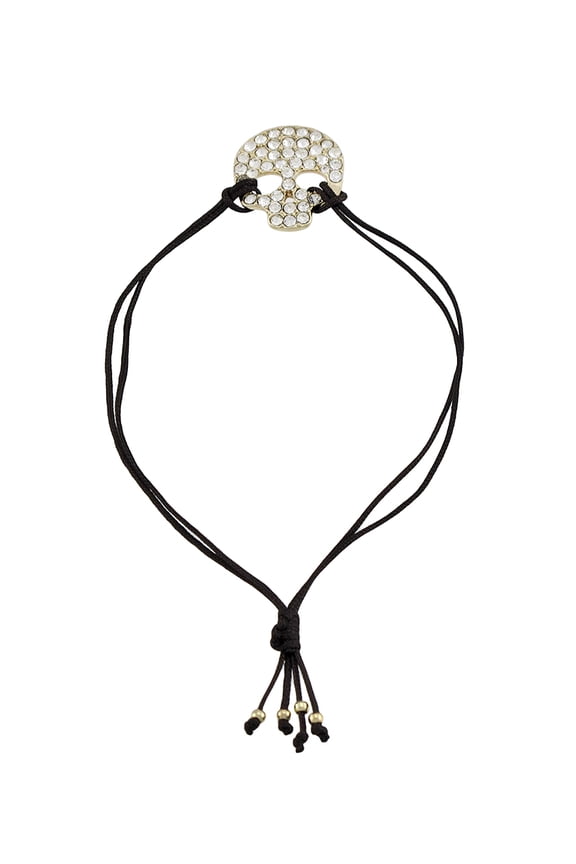 Adjustable Brown Nylon Cord Bracelet w/ Rhinestone Encrusted Rhinestone Skull