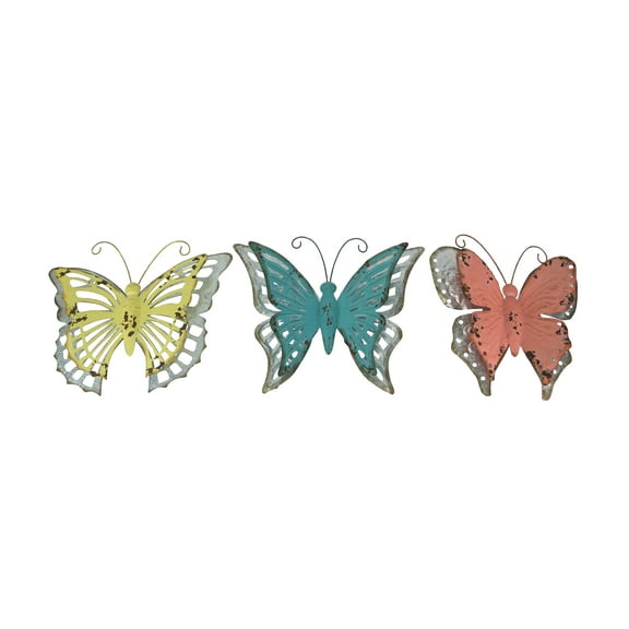Zeckos Aged Finish Metal Butterfly Wall Hanging Galvanized Accents (Set of 3)