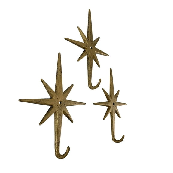 Zeckos Gold Atomic Starburst Hooks Set of 3 – Mid-Century Modern Decor - Gold - Size 9 inch
