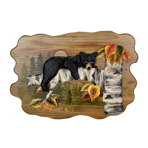 Zeckos Bear Cub in Birch Forest Wood Wall Sculpture 24x34.5 Glossy Brown Indoor Decor