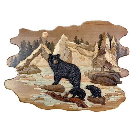 Zeckos Bear Family River 25.5x34 Intarsia Wood Wall Sculpture Rustic Cabin Art
