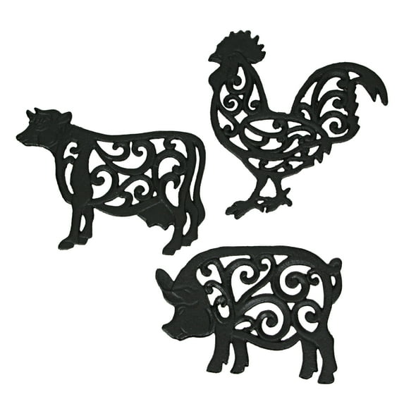 Zeckos Black Cast Iron Farm Animal Kitchen Trivets Set of 3