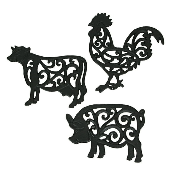 Zeckos Black Cast Iron Farm Animal Kitchen Trivets Set of 3
