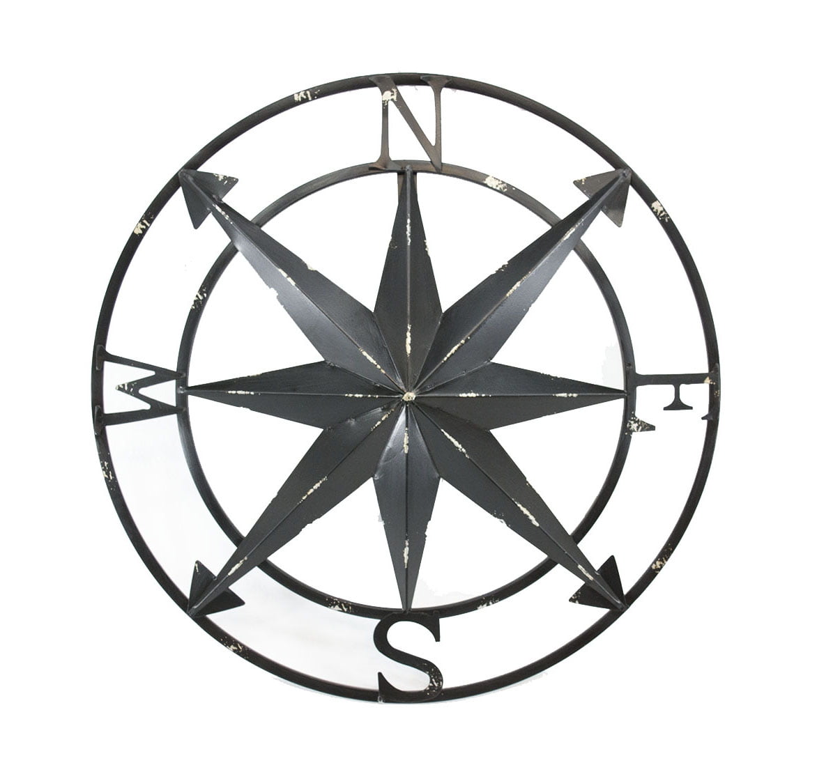 20-Inch Distressed Black Metal Nautical Compass Rose Hanging Sculpture