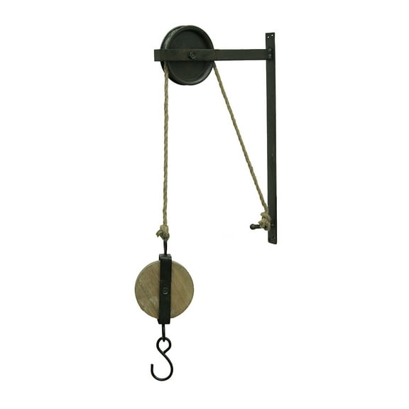 Zeckos Black Metal and Wood Pulley with Hook Plant Hanger