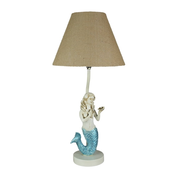 Zeckos Blue Glitter Tail Mermaid Table Lamp Burlap Shade Nautical