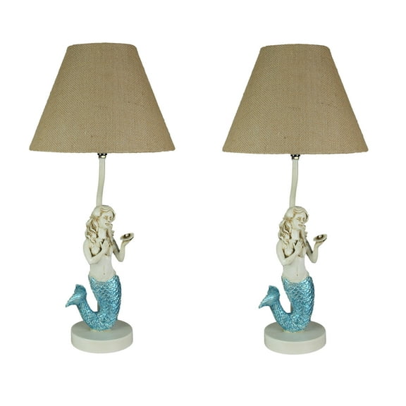 Zeckos Blue Glitter Tail Mermaid Table Lamps Burlap Shades Set of 2