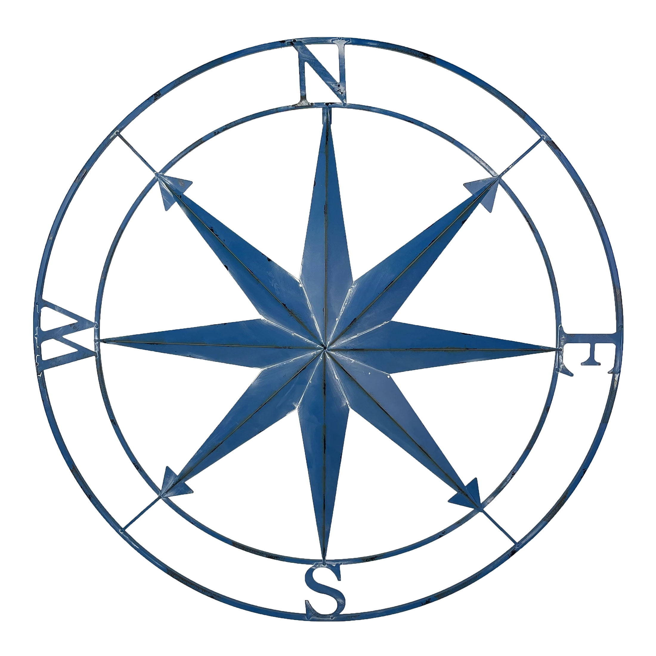 Aegean Blue Distressed Metal Nautical Compass Rose Wall Sculpture