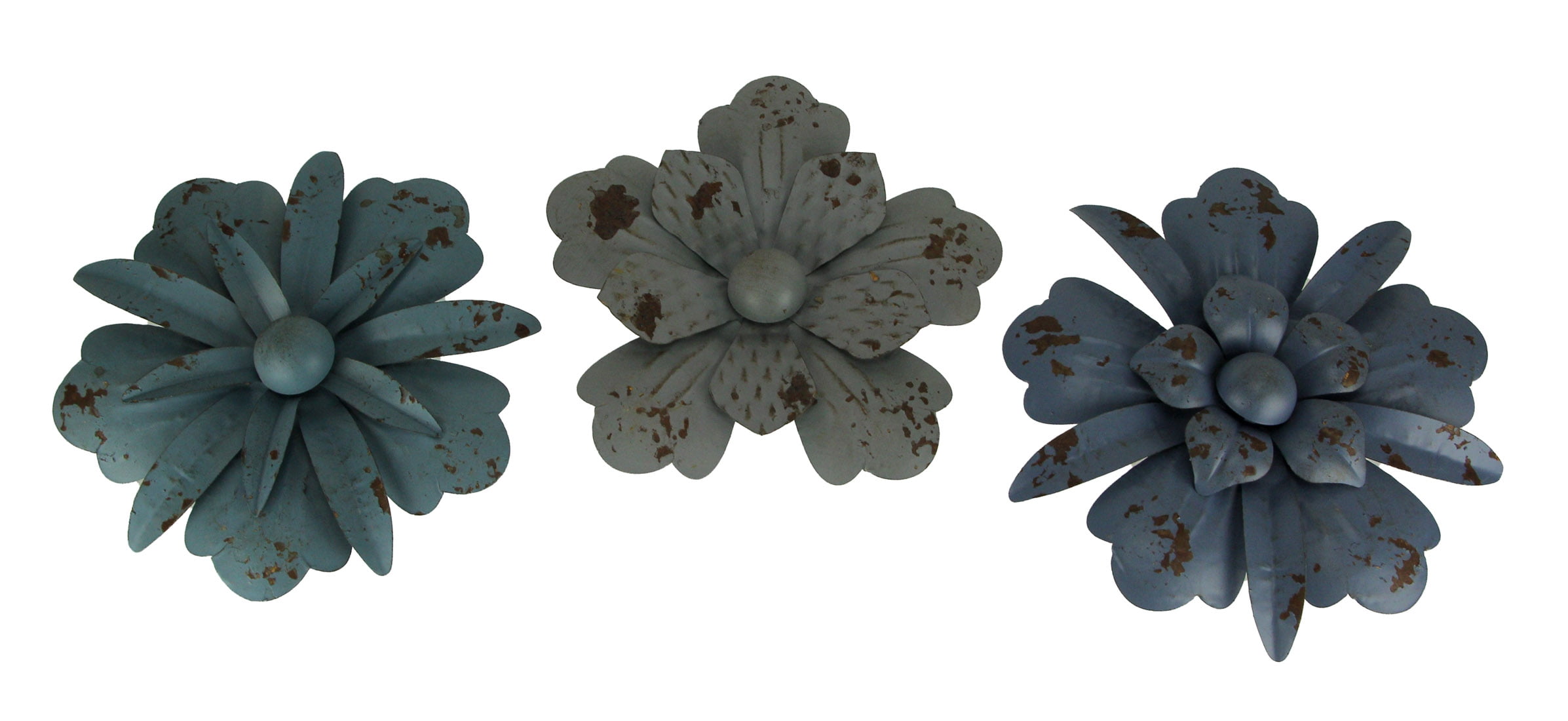 Set of 3 Blue and Grey Metal Flower Wall Sculptures
