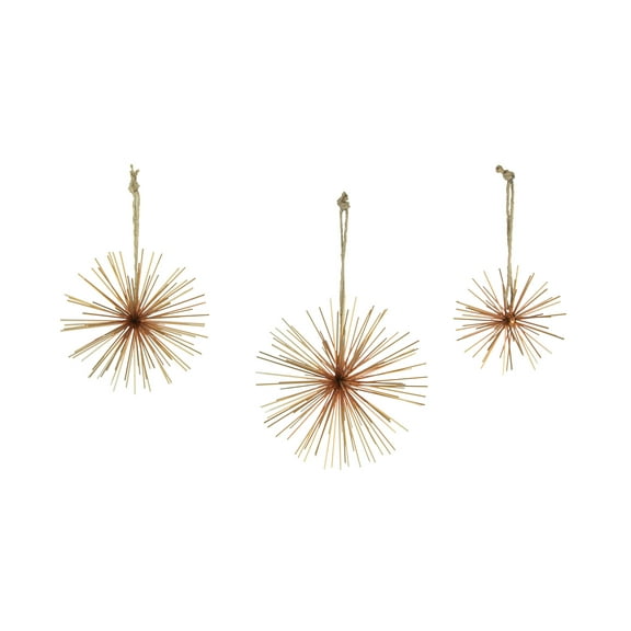 Zeckos Brass Metal Bursting Star Hanging Ornaments Set of 3 Rope Hangers