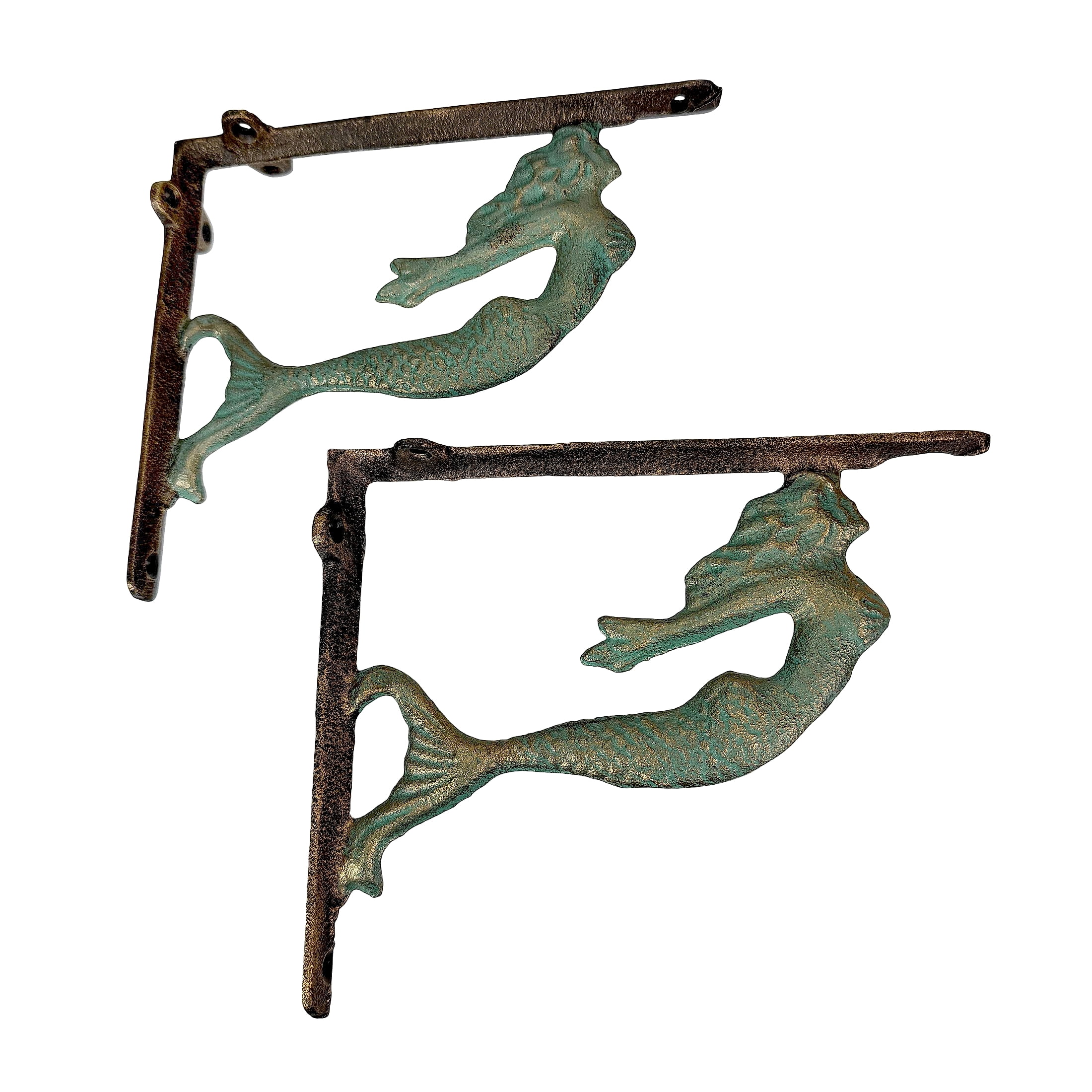 Zeckos Verdigris and Bronze Cast Iron Swimming Mermaid Metal Shelf Bracket Set of 2