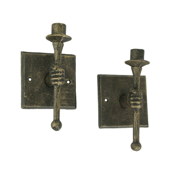 Zeckos Bronze Cast Iron Torchbearer Hand Wall Candle Holders Set of 2