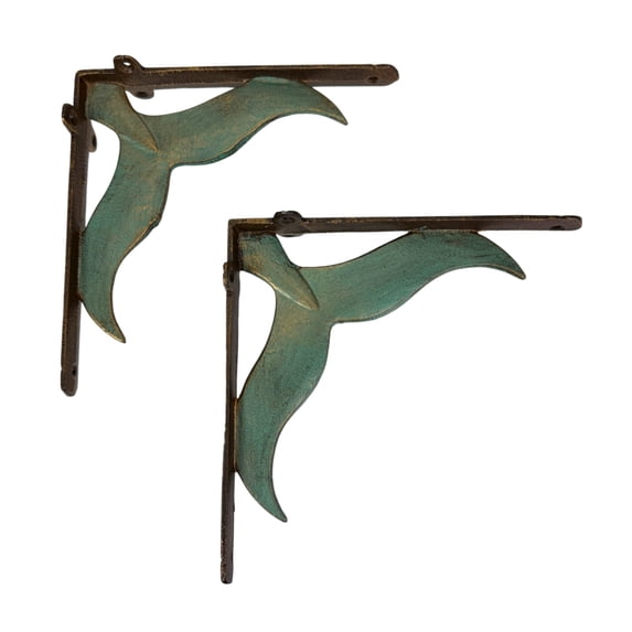Zeckos Bronze and Verdigris Cast Iron Whale Tail Wall Shelf Brackets Set of 2