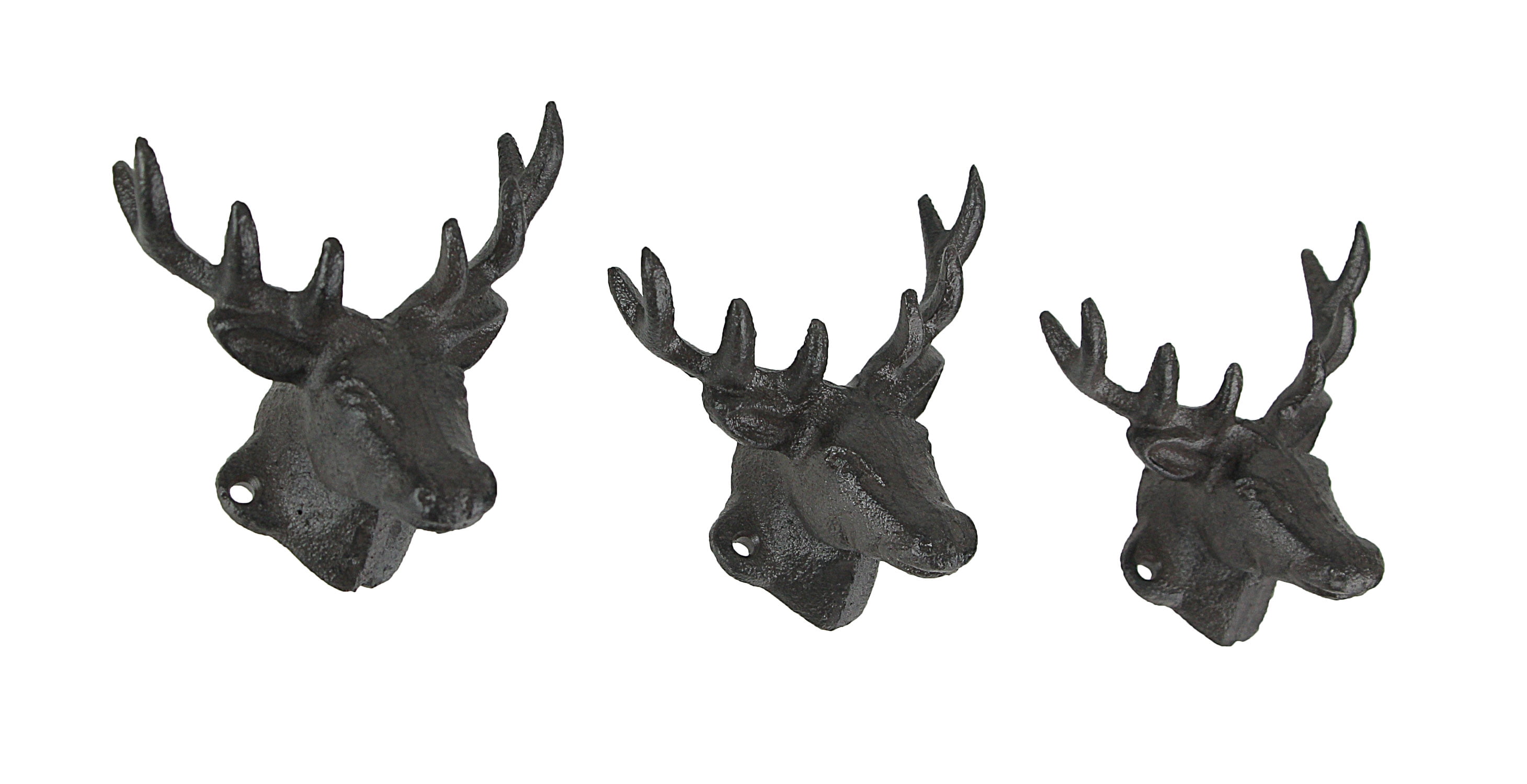 Set of 3 Rustic Brown Cast Iron Deer Head Wall Hooks