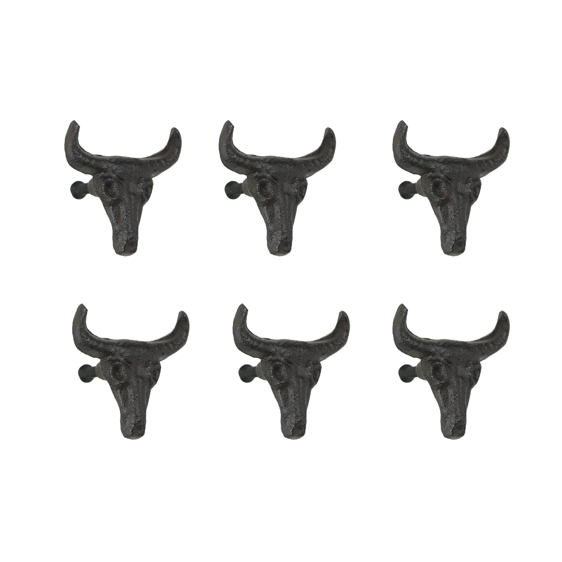 Rustic Brown Cast Iron Steer Skull Drawer Pulls Set of 6