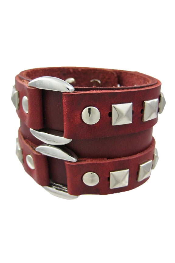 Brown Leather Double Chrome O Ring Wristband Bracelet